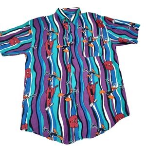 Looney Tunes Vtg Retro Daffy Duck Crazy Button Up Shirt Youth Large 14-16 Boys